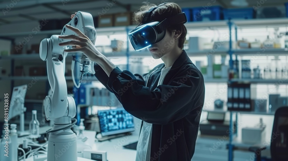 Poster engineer with vr headset controls an orange robotic arm in a high-tech industrial environment.