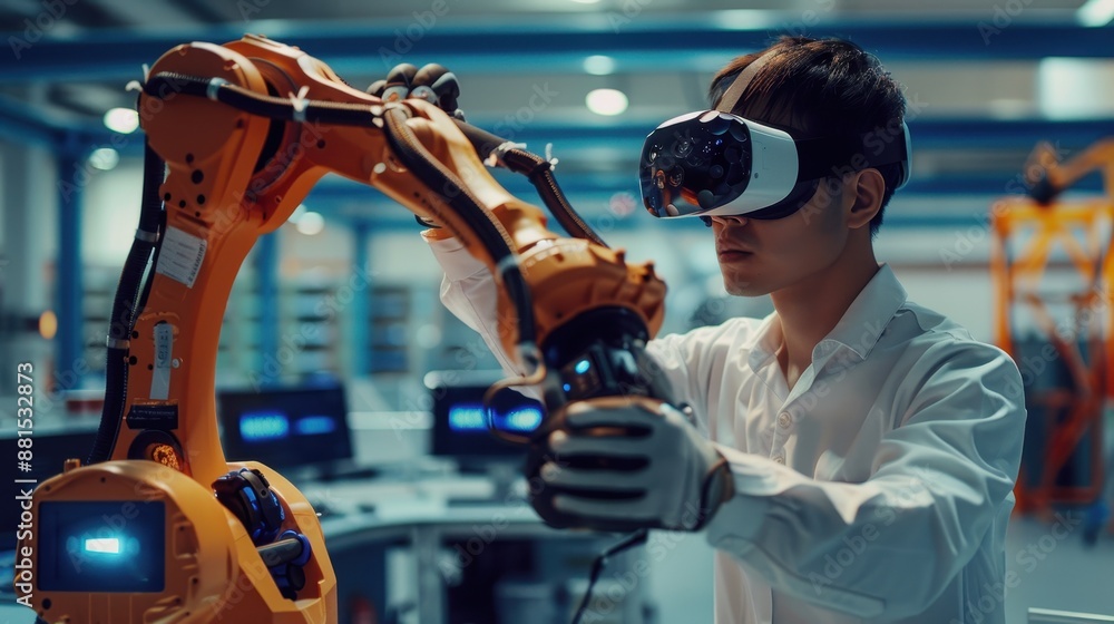 Poster engineer with vr headset controls an orange robotic arm in a high-tech industrial environment.