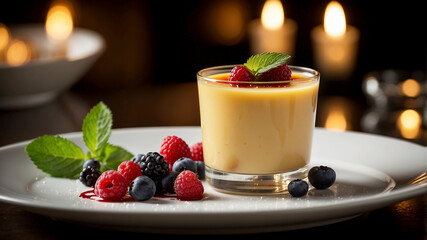 Elegant Dessert Presentation Create an image of a beautifully set table in a dimly lit, upscale restaurant