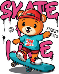 skate is for life bear cartoon vector illustration illustration for t shirt printing