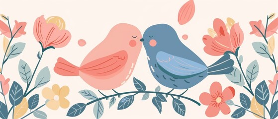 Lovebirds kissing, anniversary greeting, flat design illustration