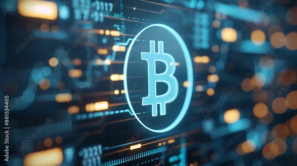 Poster a glowing bitcoin symbol on a digital circuit board background, representing the world of cryptocurr