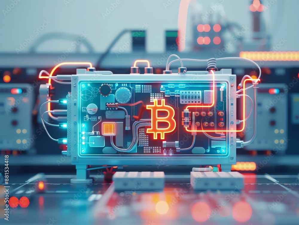 Poster a glowing bitcoin symbol is embedded in a circuit board, representing the digital currency's technic