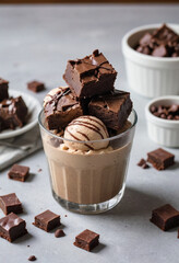 brownie batter ice cream, hot summer day, brownie chunks and chocolate fudge garnish, soft...