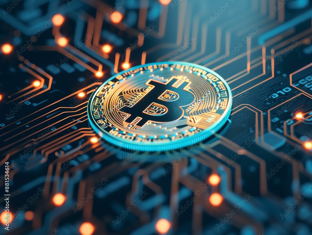 Poster a single bitcoin coin rests on a circuit board, glowing with a blue light. the image suggests the di