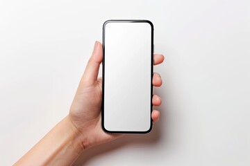 Smartphone mockup on hand with white blank screen created with Generative AI