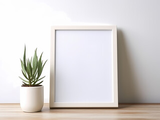 Minimalist workspace with a blank picture frame and potted aloe plant on a wooden desk.