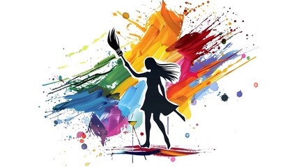 Naklejka premium Joyful Abstract Silhouette Leaping Through Vibrant Paint Splashes