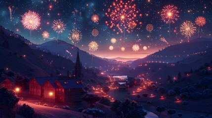 Magnificent Firework Display Lighting Up a Tranquil Rural Town on a Moonlit Night