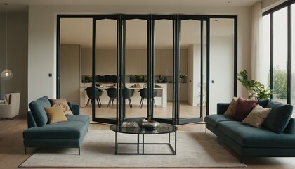 Wide angle shot of large modern black aluminum sliding doors with windows on each side.