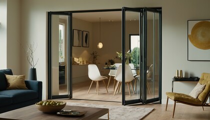 Wide angle shot of large modern black aluminum sliding doors with windows on each side.