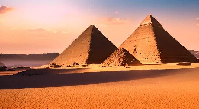 Landscape with ancient Egyptian pyramids beautiful sky and sunset