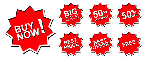 red sale discount stamp badge, big sale, buy now, best price offer, discount, free, store shop or online shopping. design for advertising discount tag, label