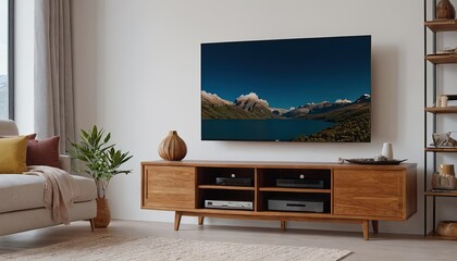 Living room interior with tv on cabinet and decorative lath on empty white wall background