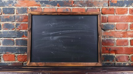 Blackboard on wood table with copy space and red brick wall