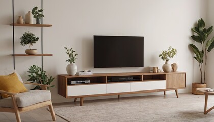 Mockup of a TV wall mounted with an armchair in the living room with a white wall design.185
