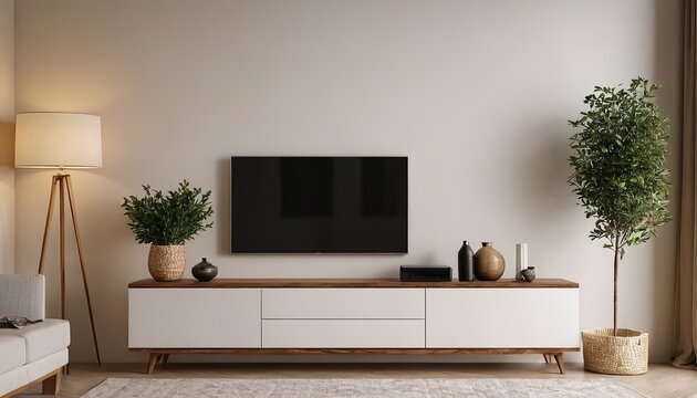 Mockup of a TV wall mounted with an armchair in the living room with a white wall design.185