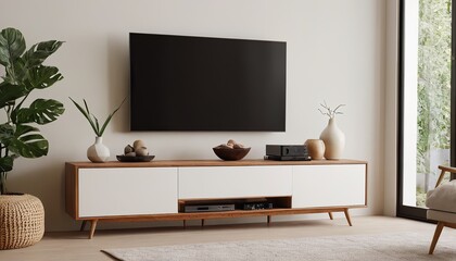 Minimalist living room interior with white wall background and TV cabinet, minimalist, living room, interior decor, white
