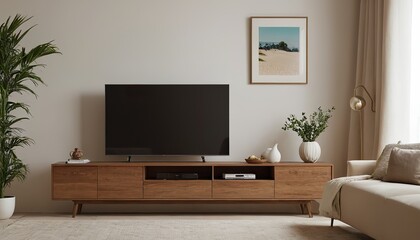 Minimalist living room interior with white wall background and TV cabinet, minimalist, living room, interior decor, white