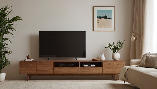 Minimalist living room interior with white wall background and TV cabinet, minimalist, living room, interior decor, white