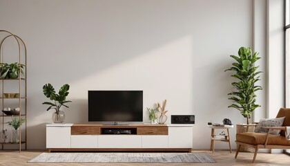 Minimalist living room interior with white wall background and TV cabinet, minimalist, living room, interior decor, white