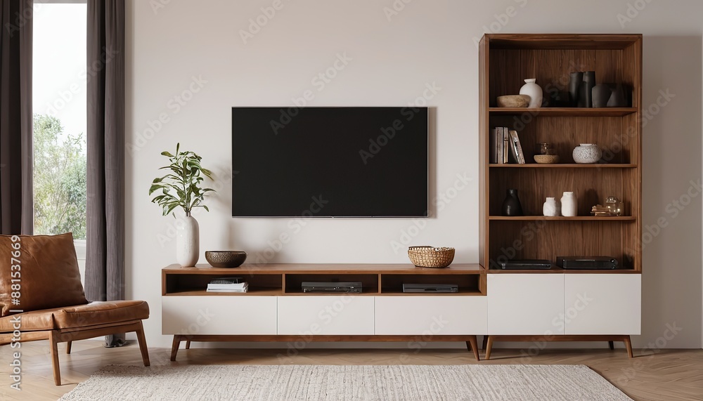 Wall mural white wall background Modern living room decor with a tv cabinet 184