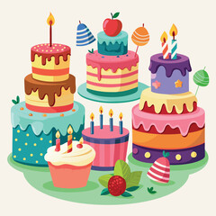 a few variations are illustrated on a white background with a birthday cake