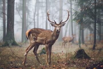 Fototapeta premium A Single Deer Standing in a Foggy Forest
