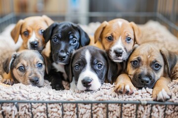 Five Adorable Puppies Resting in a Wire Crate