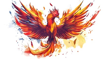 Fototapeta premium Mythical Phoenix Bird Rising from Fiery Ashes with Vibrant Feathers on White Background