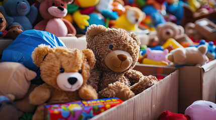 Donation boxes filled with toys and doll for International Day of Charity.