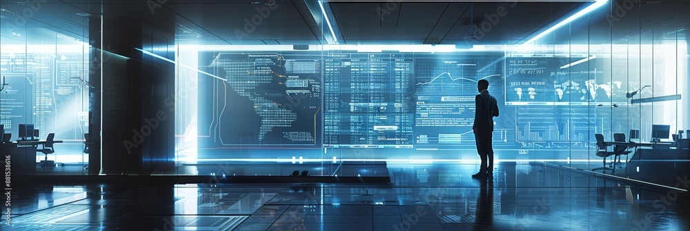Poster a man stands before a large display screen, looking at a complex network of data - a single man is s