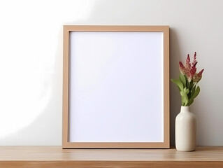Framed blank canvas on a wooden desk beside a white vase with flowers, perfect for mockups and design projects.