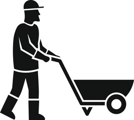 Construction site worker wearing boots and gloves is pushing an empty wheelbarrow