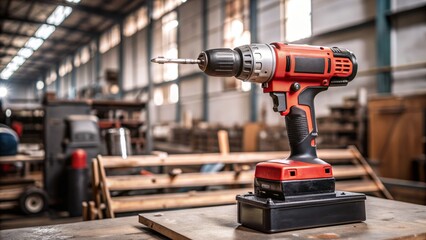 Cordless drill placed on a red metal base in an industrial workspace