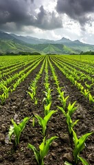 Fototapeta premium Green corn field under dramatic sky with mountains in the background.