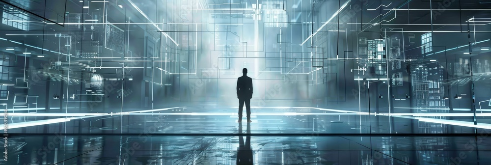 Poster a solitary figure in a futuristic digital landscape - a lone figure stands in a futuristic digital l