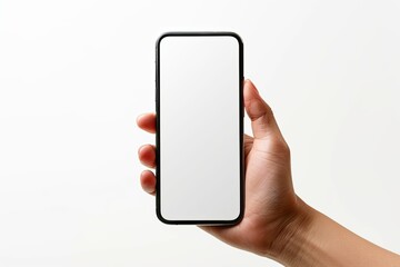 Smartphone mockup on hand with white blank screen created with Generative AI