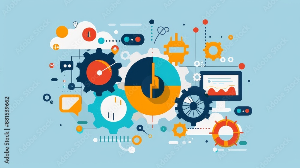 Poster abstract illustration of a complex technological system, depicting interconnected gears, data visual