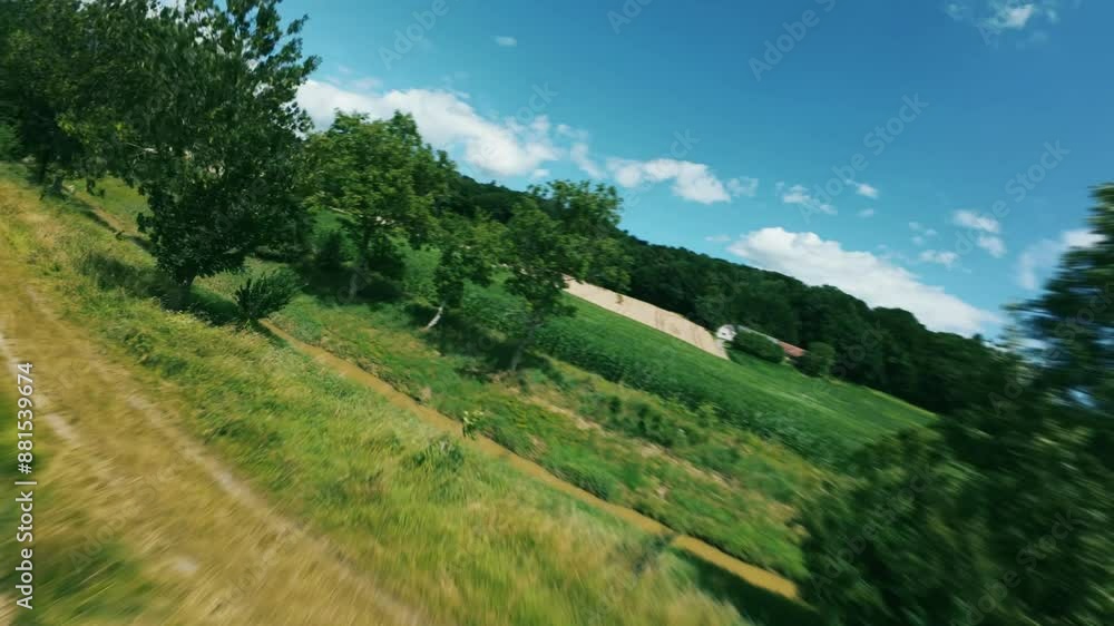Poster a drone flies over a field of crops, passing by a bridge and a small forest.