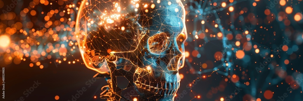 Poster abstract skull with glowing particles - an abstract, wireframe rendering of a human skull with glowi