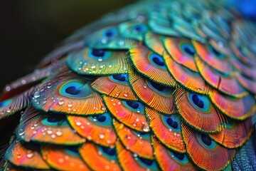 Highlights the intricate patterns and iridescent colors of a peacock's tail feathers, a natural masterpiece of beauty.