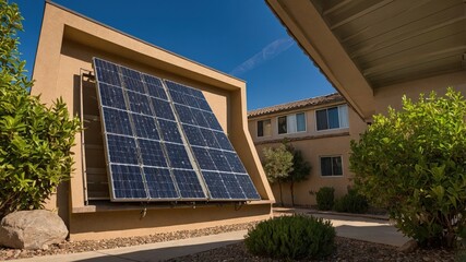 Fototapeta premium Solar panels installed on a residential building in a sunny courtyard, surrounded by shrubs and modern architecture, showcasing renewable energy. 