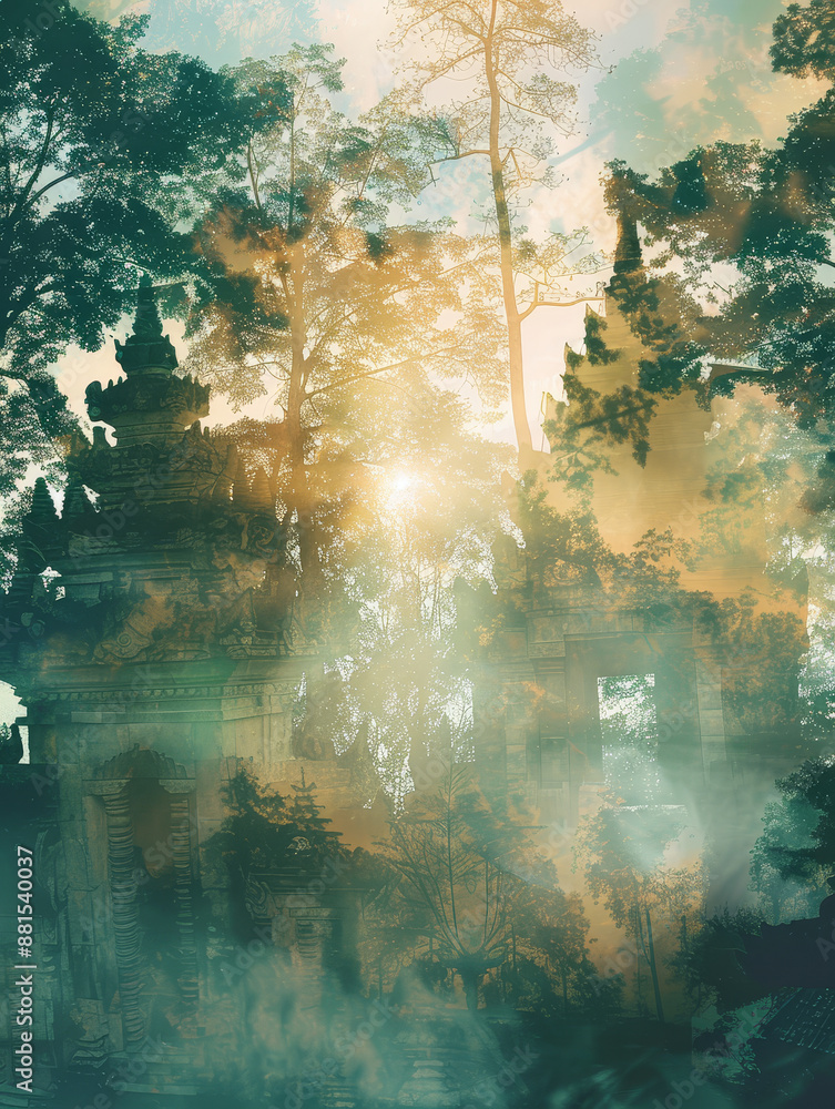 Poster ancient ruins hidden in a lush jungle - an ethereal image of ancient ruins shrouded in a lush jungle