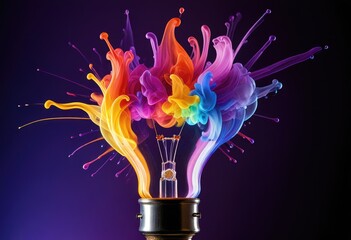 traditional light bulb with a spectrum of vivid paint plumes erupting from its filament area, against a deep purple backdrop.