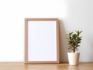 Blank wooden frame beside a potted plant on a wooden surface against a white wall.