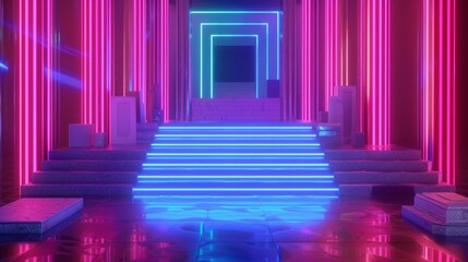 3d render of pink and blue neon lines with geometric shapes in virtual space, featuring ultraviolet light for 80s style retro disco and fashion laser show, abstract background


