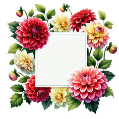 Fototapeta premium Vibrant invitation card featuring a variety of red, pink, and yellow dahlia flowers with lush green leaves isolated transparent background, PNG