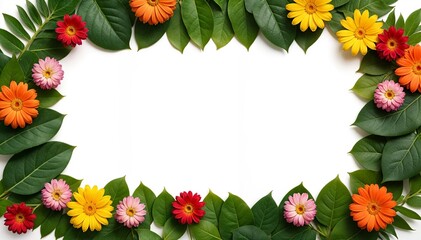 Obraz premium Natural frame of flowers and green leaves arranged with white copy space in middle