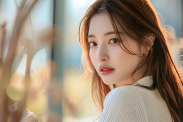 20代のアジア人女性がボーっとした視線で見つめている